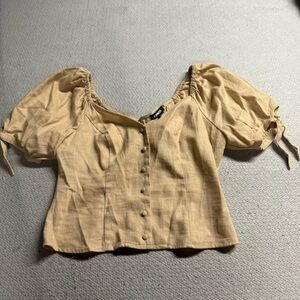 Express Tan Button-Up Puff Sleeve Top Linen Blend Size Small EUC